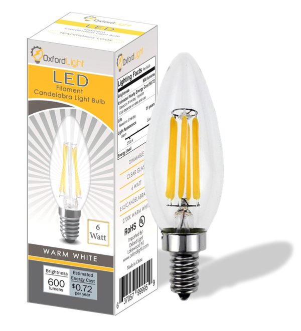 OXFORD LIGHT, 60 watt LED Candelabra Bulbs, B10 LED Bulb, 6 Watt, LED Filament Bulb, 2700K, DIMMABLE, LED Light Bulbs Candelabra Base, Chandelier LED, E12 Led Bulb, Candelabra LED Bulbs
