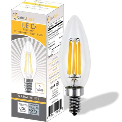 OXFORD LIGHT, 60 watt LED Candelabra Bulbs, B10 LED Bulb, 6 Watt, LED Filament Bulb, 2700K, DIMMABLE, LED Light Bulbs Candelabra Base, Chandelier LED, E12 Led Bulb, Candelabra LED Bulbs, 6-Pack