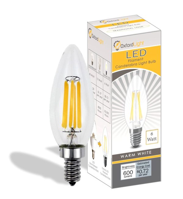OXFORD LIGHT, 60 watt LED Candelabra Bulbs, B10 LED Bulb, 6 Watt, LED Filament Bulb, 2700K, DIMMABLE, LED Light Bulbs Candelabra Base, Chandelier LED, E12 Led Bulb, Candelabra LED Bulbs - Image 2